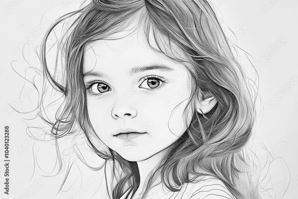Portrait of little girl sketching with long hair flowing in the wind Portrait of little girl sketching with long hair flowing in the wind