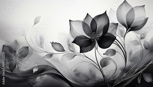 black white floral design in the style of transparency and lightness