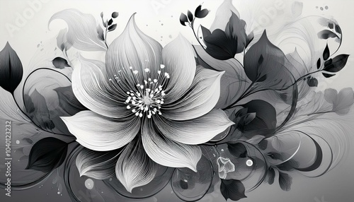 black white floral design in the style of transparency and lightness