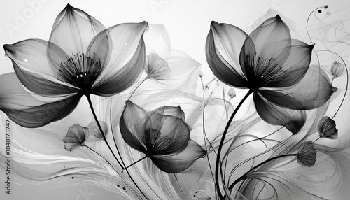 black white floral design in the style of transparency and lightness