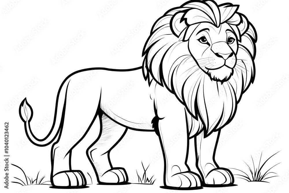 Obraz premium Powerful lion standing on grass black and white illustration. Children's coloring page