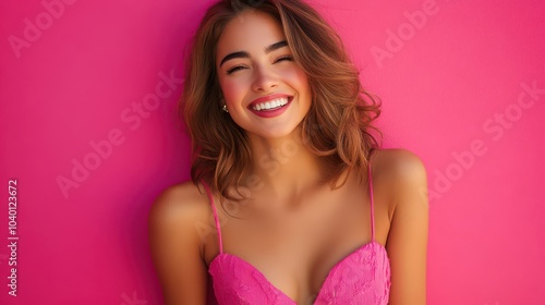 Wallpaper Mural Joyful Young Woman Smiling Against a Pink Background Torontodigital.ca