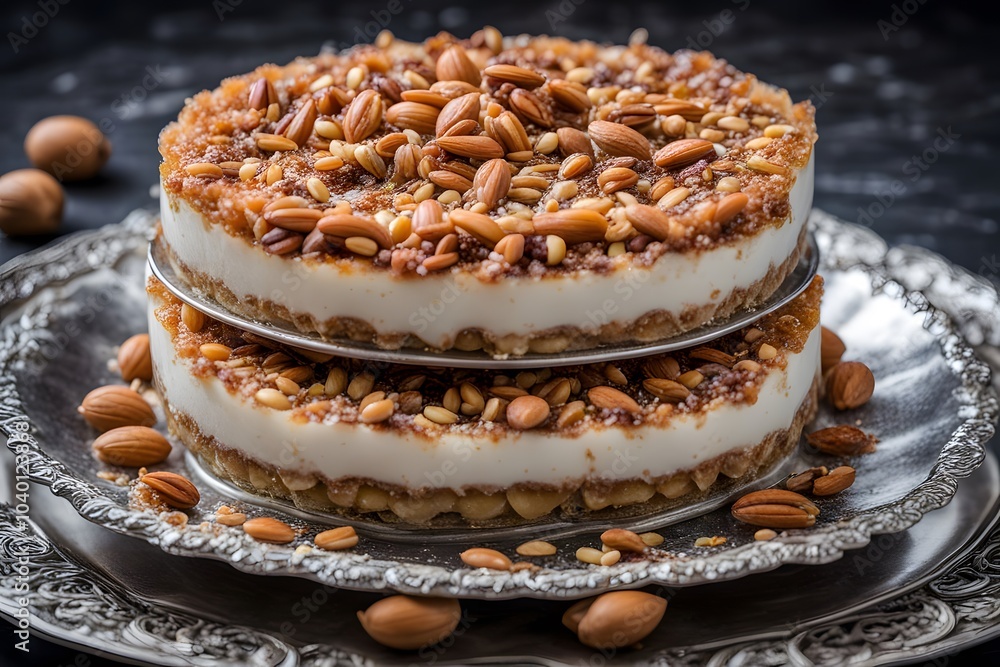 A layered turkish kadayf dessert filled with nuts and soaked in sugar syrup served on a silver plate, Ai Generated A layered turkish kadayf dessert filled with nuts and soaked in sugar syrup served on a silver plate, Ai Generated