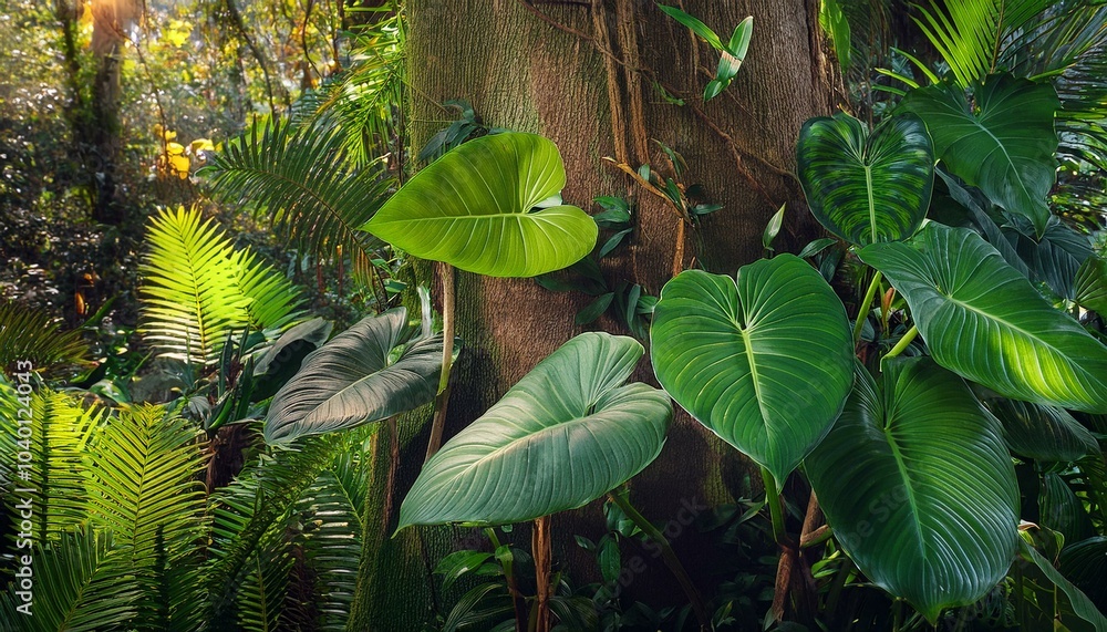 climbing philodendron philodendron billietiae tropical foliage plant growing on rainforest tree trunk with bromeliads anthurium ferns and various tropic plants leaves climbing philodendron philodendron billietiae tropical foliage plant growing on rainforest tree trunk with bromeliads anthurium ferns and various tropic plants leaves