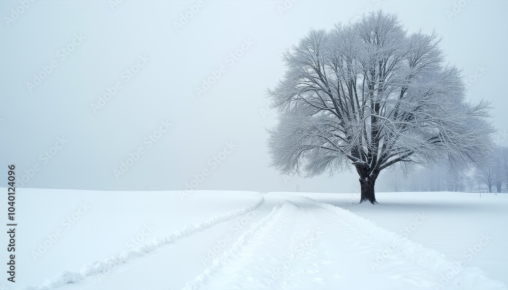 Fototapeta premium Wintry path leading to a snowcovered tree