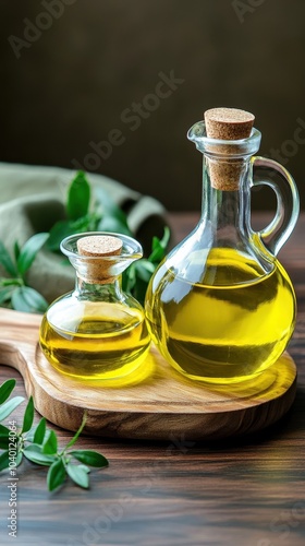 Bottles of vegetable oil neatly arranged on a rustic wooden table, soft lighting