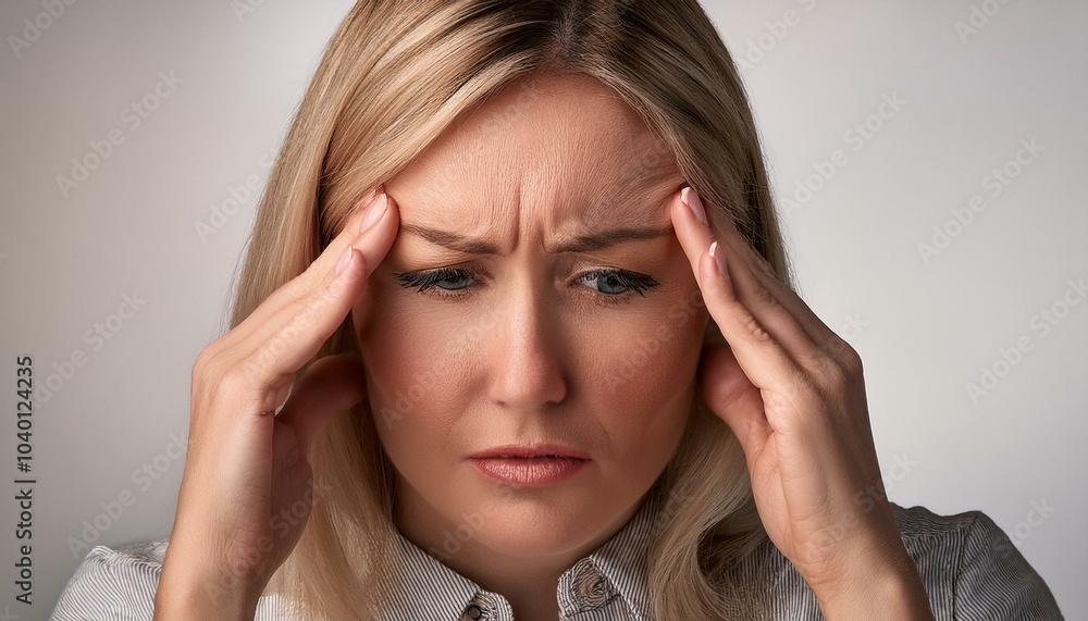 close up of worried woman with furrowed brow and hands on forehead expressing stress and concern close up of worried woman with furrowed brow and hands on forehead expressing stress and concern