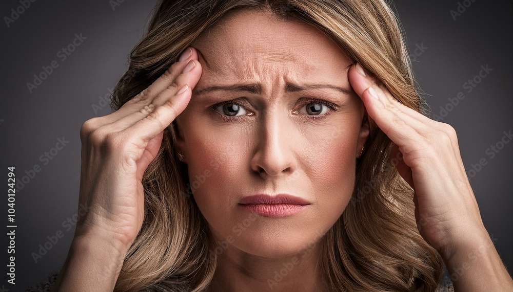 Fototapeta premium close up of worried woman with furrowed brow and hands on forehead expressing stress and concern