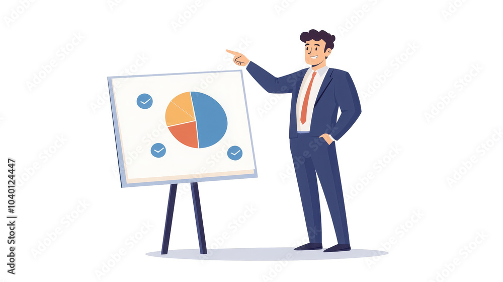 A professional man gestures towards a pie chart on a presentation board, wearing a suit, conveying data-driven insights. A professional man gestures towards a pie chart on a presentation board, wearing a suit, conveying data-driven insights.