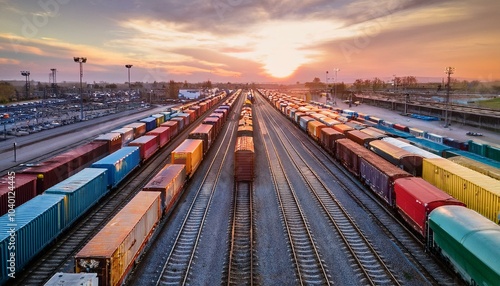 colorful cargo trains lined up in an urban rail yard at sunset showcasing industrial transportation and logistics
