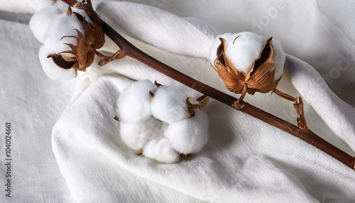 cotton flower on white cotton fabric cloth background cotton buds on a tree photo