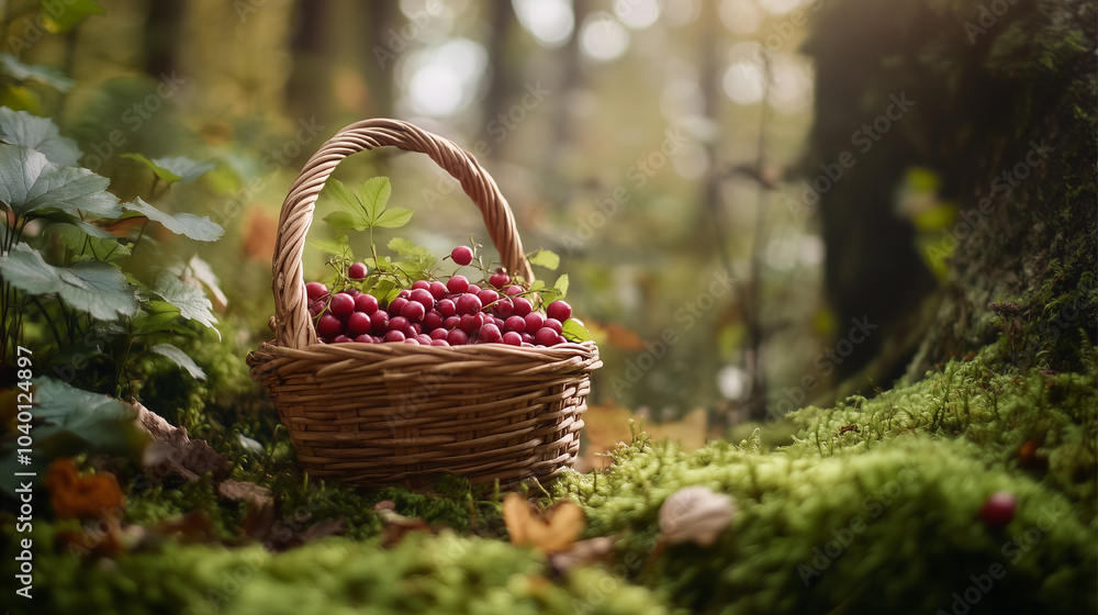 A basket full of red berries is sitting on the ground in a forest. The basket is woven and has a rustic appearance. The berries are ripe and ready to be picked A basket full of red berries is sitting on the ground in a forest. The basket is woven and has a rustic appearance. The berries are ripe and ready to be picked