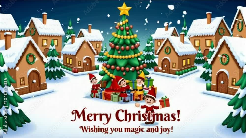 A Cozy Fairytale Village Covered in Snow, With Gingerbread Houses, Elves Delivering Presents, and a Large Christmas Tree – A Magical Christmas Scene Perfect for Holiday Cards, Ads, and Festive Designs A Cozy Fairytale Village Covered in Snow, With Gingerbread Houses, Elves Delivering Presents, and a Large Christmas Tree – A Magical Christmas Scene Perfect for Holiday Cards, Ads, and Festive Designs