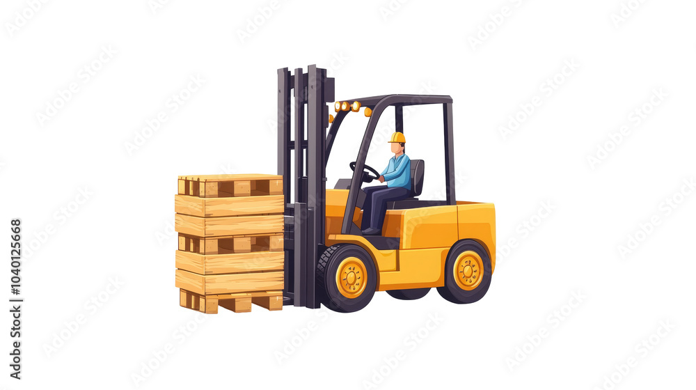 A yellow forklift with a driver lifts wooden pallets against a black background, representing warehouse and logistics operations. A yellow forklift with a driver lifts wooden pallets against a black background, representing warehouse and logistics operations.