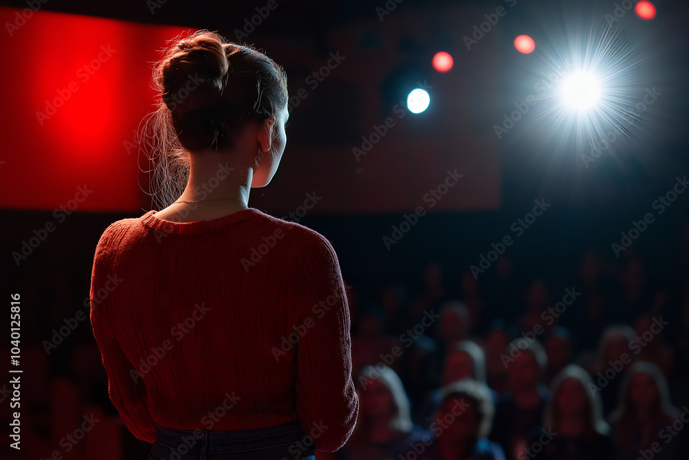 American woman giving a TED-style talk on stage shown from rear view, People photography American woman giving a TED-style talk on stage shown from rear view, People photography