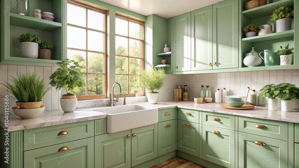 Fototapeta premium Modern Green Kitchen Interior with Mint Cabinets and Farmhouse Sink for Stylish Home Design