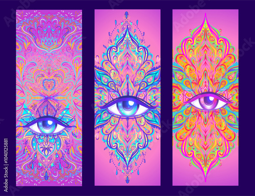 Sacred geometry symbol with all seeing eye over in acid colors. Mystic, alche...