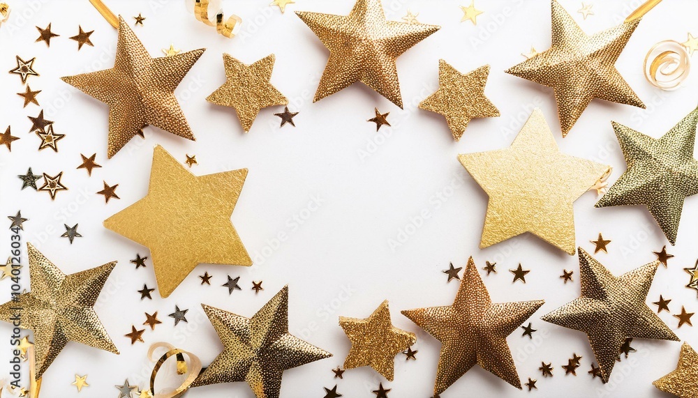 gold stars confetti frame on white background flat lay gold stars confetti frame on white background flat lay