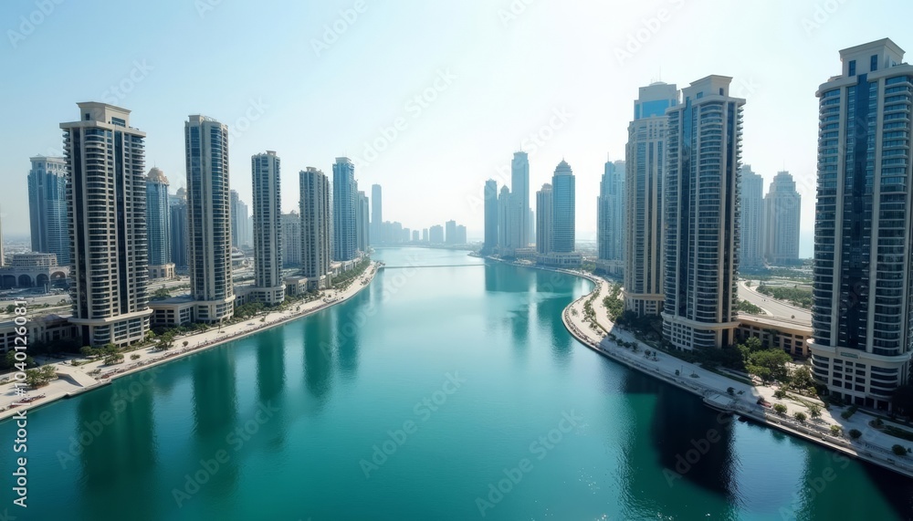 Obraz premium Elegant cityscape with serene waterfront