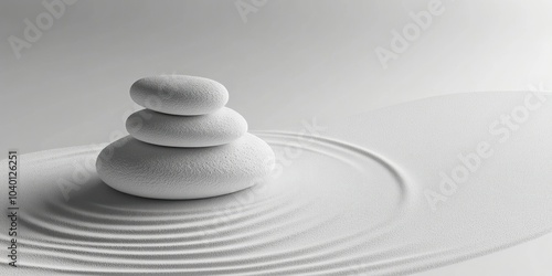 A stack of three rocks in the center on a smooth white surface with two small circles drawn around them background balance harmony. photo