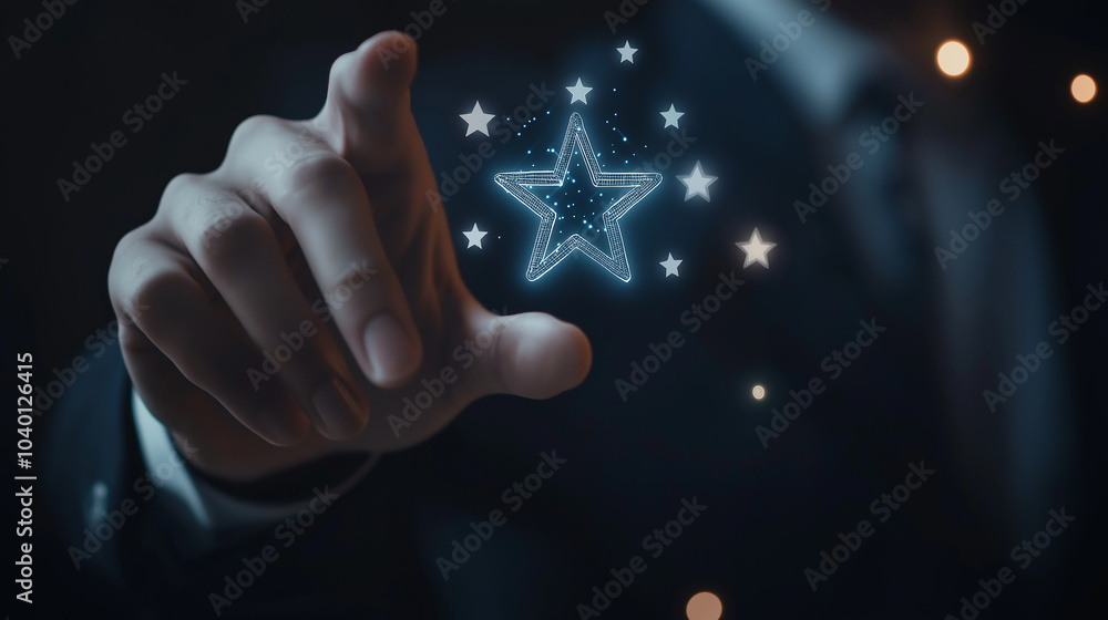 Customer Service Feedback, Customer Service Rating Hologram, Rate and Review Them Online, Excellent Survey, Man Touching Virtual Stars Customer Service Feedback, Customer Service Rating Hologram, Rate and Review Them Online, Excellent Survey, Man Touching Virtual Stars