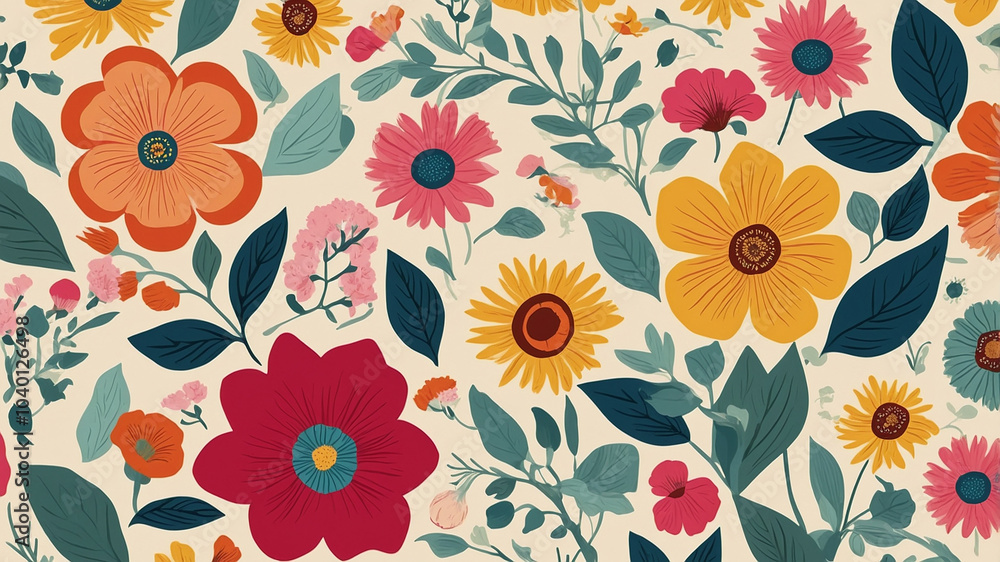 custom made wallpaper toronto digitalColorful floral pattern with various flowers and leaves intricately woven together on a light background.