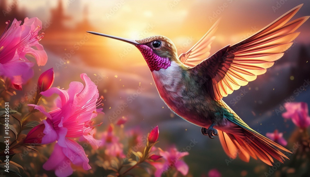 Obraz premium hummingbird in flight with beak open wings wide and pink flowers in foreground