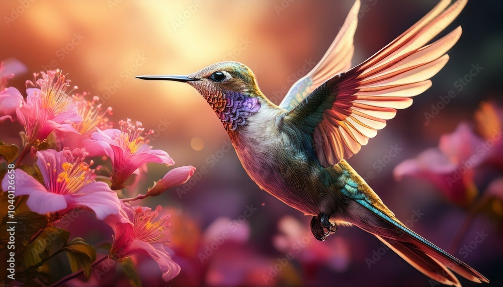 Fototapeta premium hummingbird in flight with beak open wings wide and pink flowers in foreground
