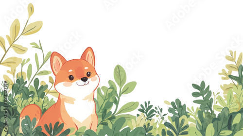 A cute cartoon Shiba Inu sits among vibrant green foliage on a black background, exuding a playful and cheerful vibe.