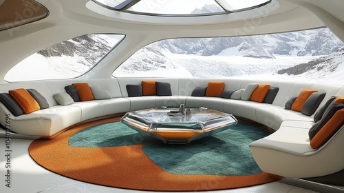 A vibrant 1970s inspired living room with futuristic design elements and bold colors photo