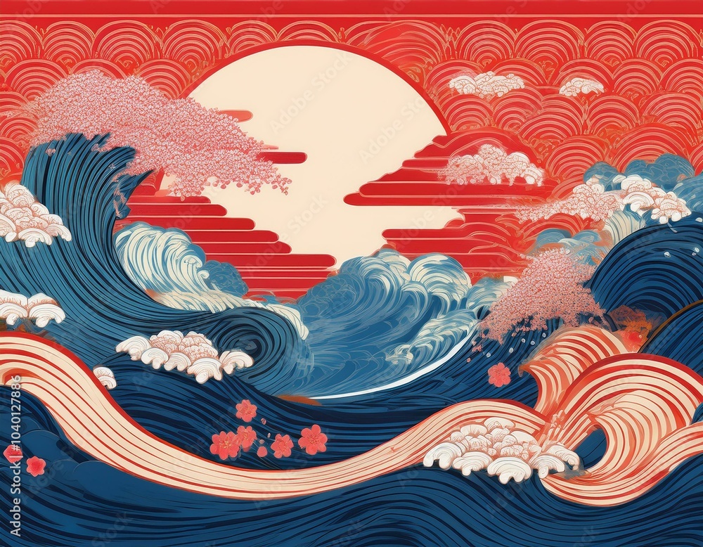 ocean wave oriental art illustration background for decoration on summer holiday and japanese art concept ocean wave oriental art illustration background for decoration on summer holiday and japanese art concept