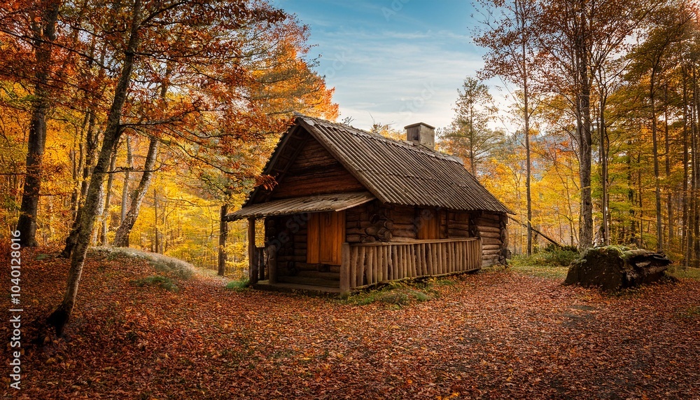 old wooden cabin in the autumn forest old wooden cabin in the autumn forest