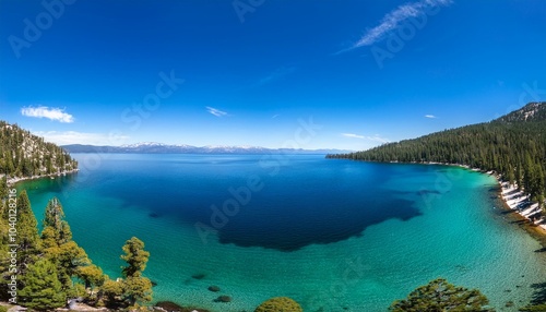 panoramic view of lake tahoe clear water blue sky panoramic