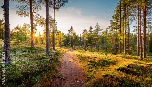 pathway through the hills of majestic evergreen forest mighty pine spruce trees moss plants finland soft golden sunset light idyllic autumn scene nature seasons environment ecotourism photo