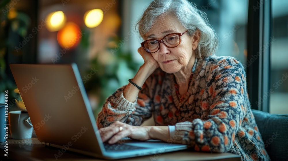 Confused elderly woman using laptop computer at home. Mature old lady has difficulties to use technology devices, understand information, internet banking platform, forget password Confused elderly woman using laptop computer at home. Mature old lady has difficulties to use technology devices, understand information, internet banking platform, forget password