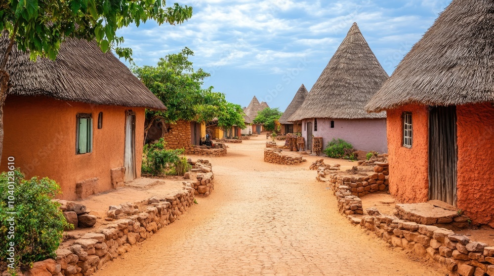 African village with thatched roofs and clear sky, leaving space for text African village with thatched roofs and clear sky, leaving space for text
