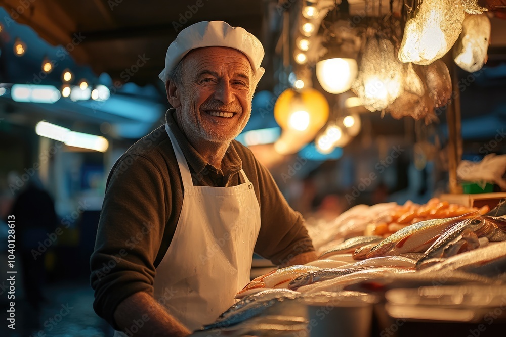 Smiling Fishmonger Standing Proudly at Seafood Stall with Fresh Fish and Shellfish on Ice Smiling Fishmonger Standing Proudly at Seafood Stall with Fresh Fish and Shellfish on Ice