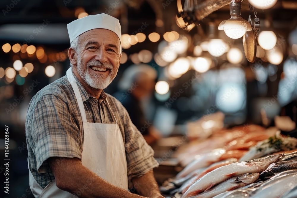 Smiling Fishmonger Standing Proudly at Seafood Stall with Fresh Fish and Shellfish on Ice Smiling Fishmonger Standing Proudly at Seafood Stall with Fresh Fish and Shellfish on Ice