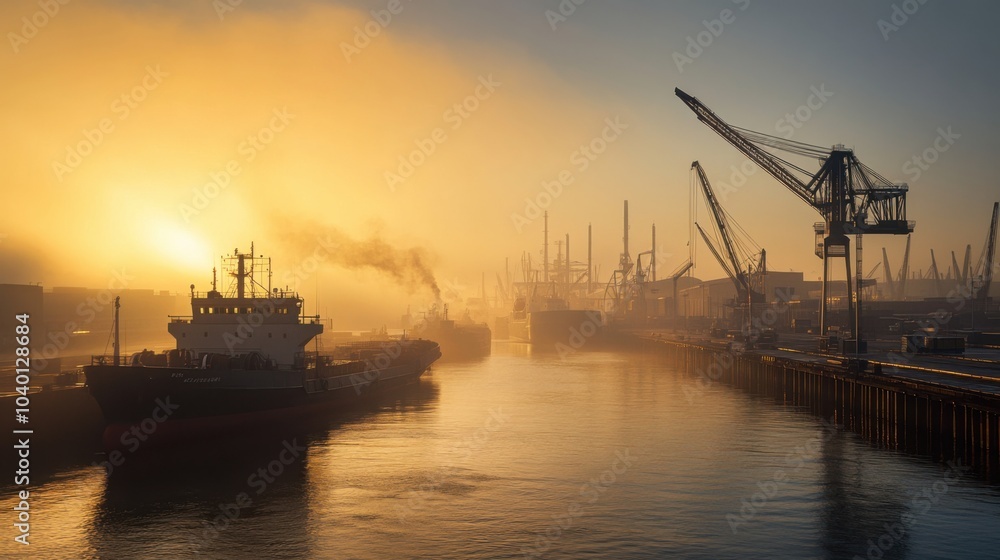 A contemporary dockyard bathed in the glow of sunrise, symbolizing the dawn of global commerce, photography style A contemporary dockyard bathed in the glow of sunrise, symbolizing the dawn of global commerce, photography style