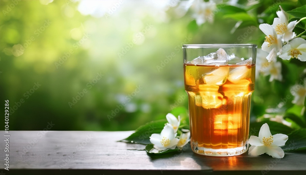 refreshing jasmine iced tea in glass on lush green nature background refreshing jasmine iced tea in glass on lush green nature background