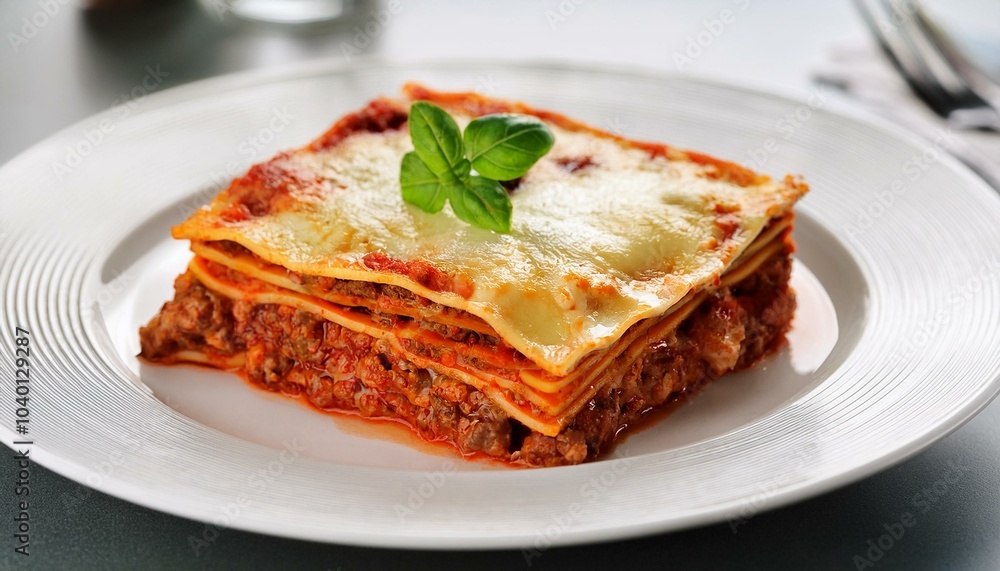 reflected lasagne with meat and cheese on white plate reflected lasagne with meat and cheese on white plate