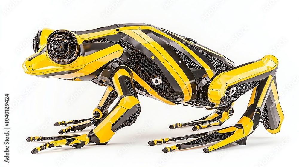 Yellow and black robotic frog with intricate details. Yellow and black robotic frog with intricate details.