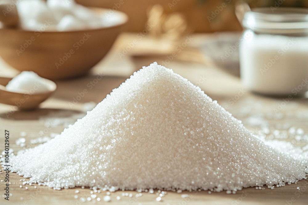 Pile of refined sugar powder on wooden table, Sweetener powder in kitchen. Pile of refined sugar powder on wooden table, Sweetener powder in kitchen.