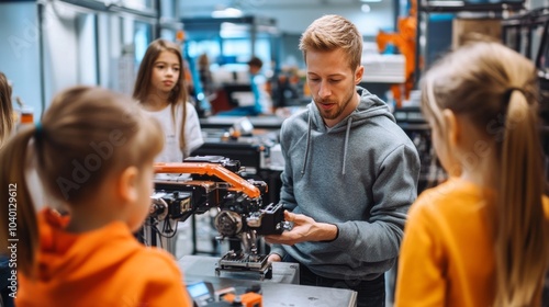 Male teacher explaining robotics to young students in a classroom setting