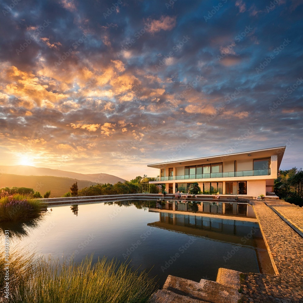 scenic hotel by small lake at sunset with unique cloud formations above scenic hotel by small lake at sunset with unique cloud formations above