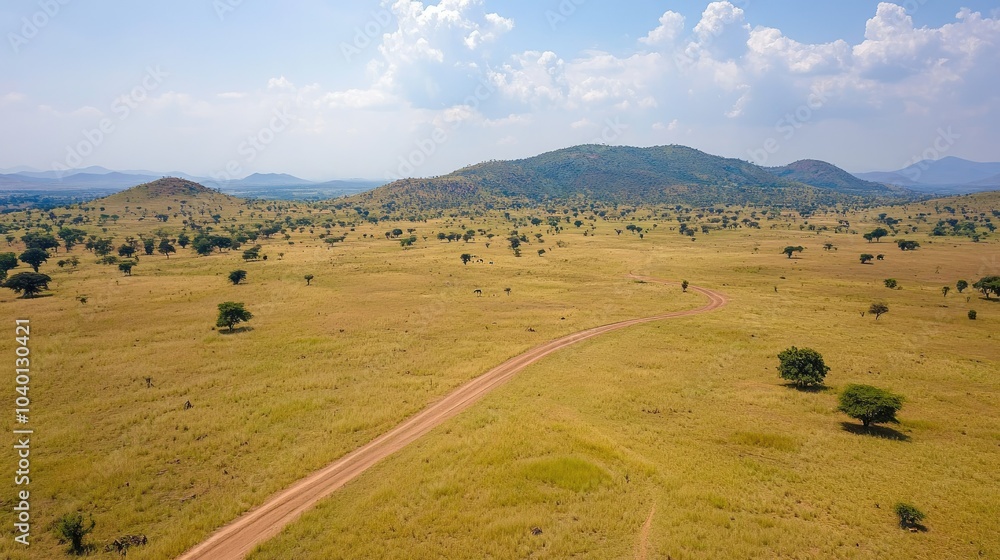 Obraz premium African wildlife reserve seen from above, with open space for copy in the grassland