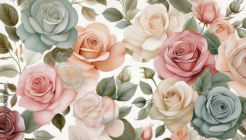 soft color roses pattern on white background