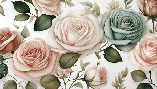 soft color roses pattern on white background