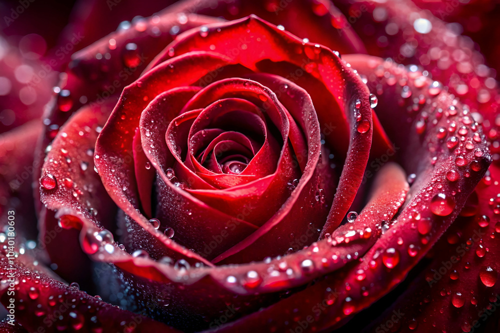 A close-up of a vibrant red rose adorned with droplets of water, showcasing its delicate petals and intricate details. A close-up of a vibrant red rose adorned with droplets of water, showcasing its delicate petals and intricate details.
