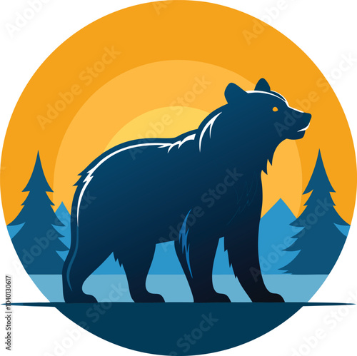 a bear is standing in the forest with an orange sunset in the background